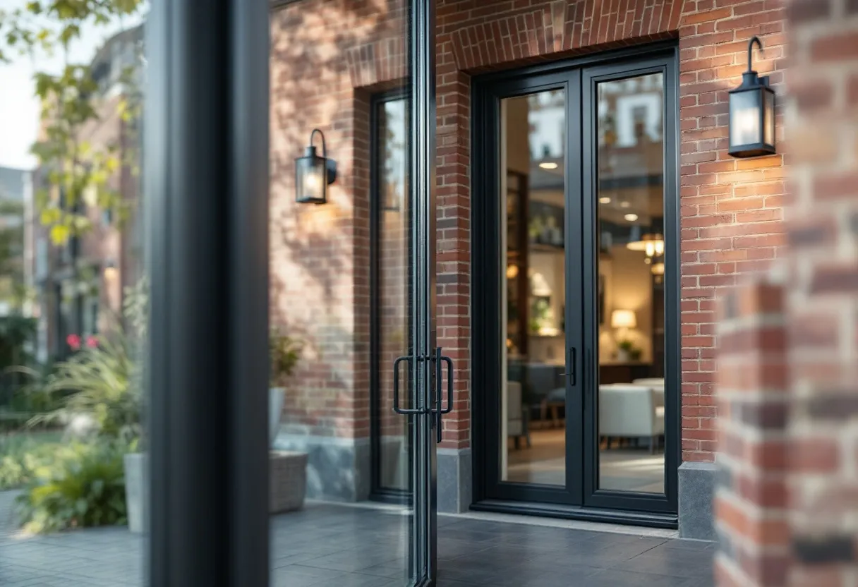 Een close-up van een moderne zwarte aluminium voordeur in een bakstenen gevel met een groot raam ernaast met helder glas, op een zonnige dag in een Belgische straat.