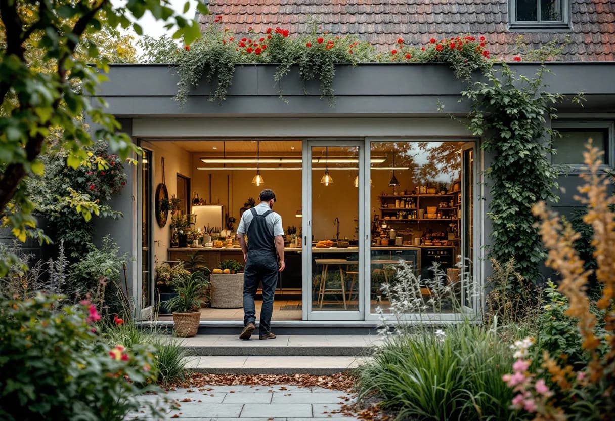 Een fotorealistische scène van een vakman die een groot, op maat gemaakt pvc raam met triple glas plaatst in een gerenoveerde rijwoning in Geraardsbergen, terwijl herfstbladeren zachtjes tegen de gevel waaien.